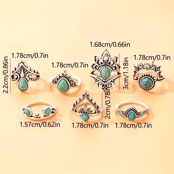 Rings Turquoise 8pc Silver Finger Gypsy Boho Hippie Stackable Stylish Silver - Picture 3 of 3